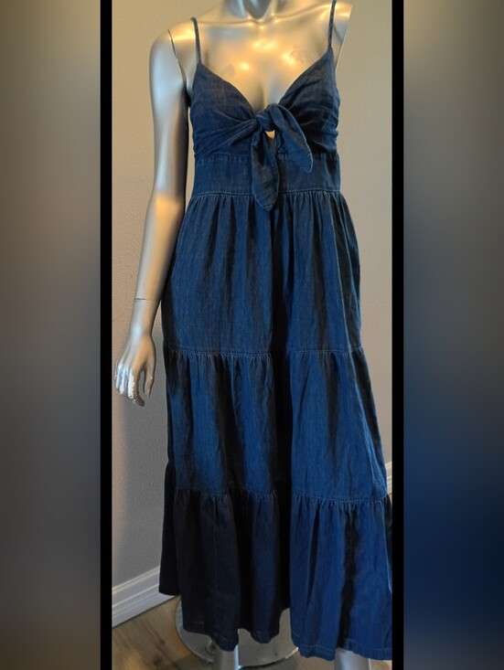 GAP Dresses & Skirts - GAP- Tie-Front Spaghetti Strap Tiered Maxi Dress Dark Blue Soft Denim Sz Med/Pet